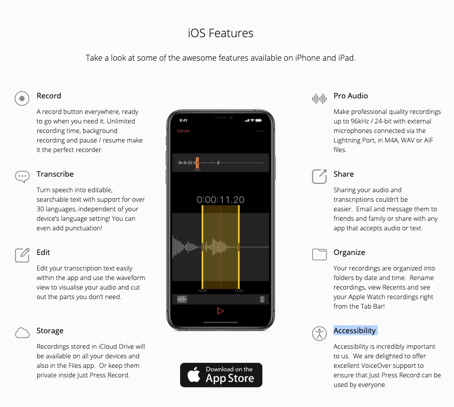 All the features of one of the best Speech to text app "Just Press Record" on ios