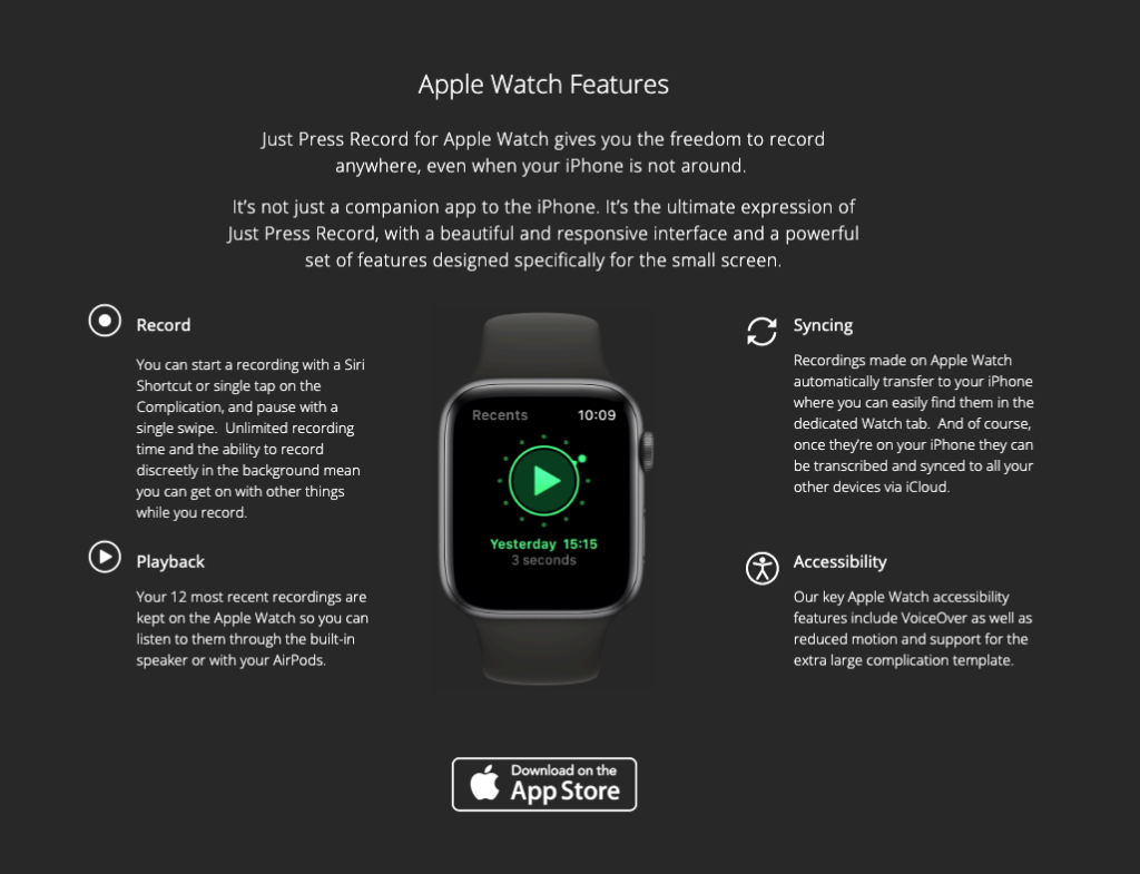 All the features of the Just Press Record in the Apple Watch