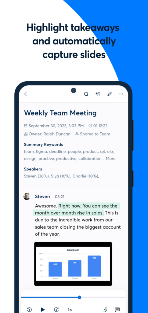 Speech to text app Otter Voice Meeting Notes support highlight takewawys and automatically capture slides