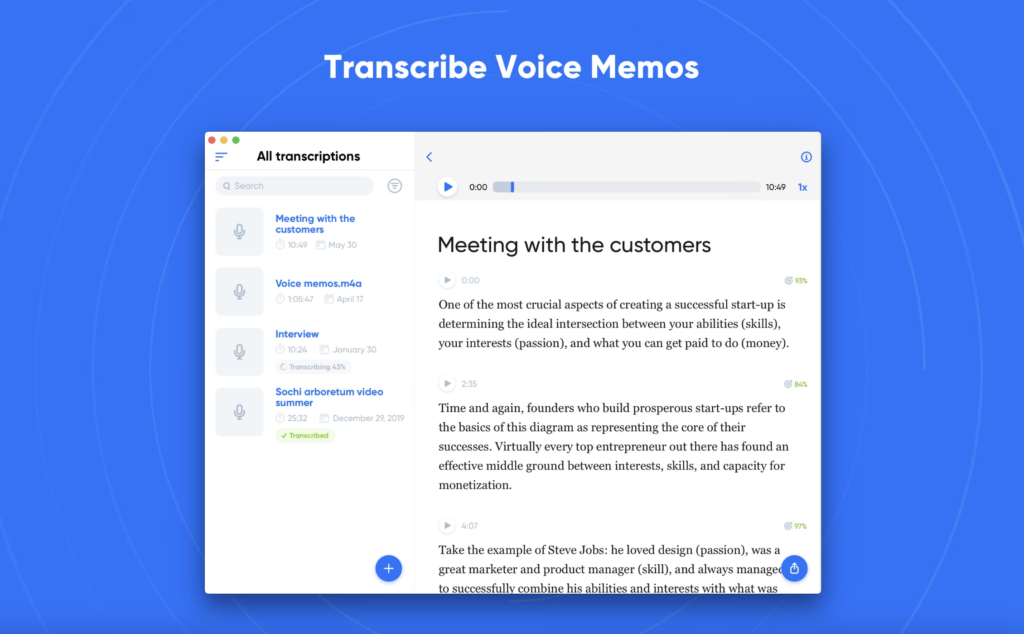 Speech to Text app "Transcribe - Speech to Text " Transcription results page display