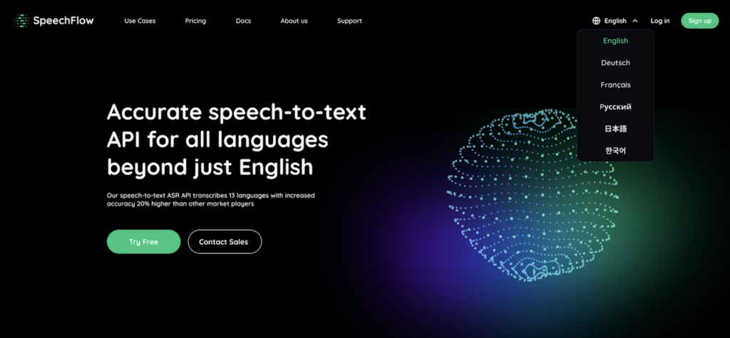 SpeechFlow bietet eine präzise Sprache-zu-Text-API für alle Sprachen, nicht nur für Englisch