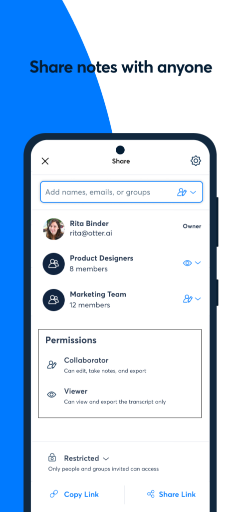 Приложение Otter.ai позволяет легко делиться стенограммами с членами команды.